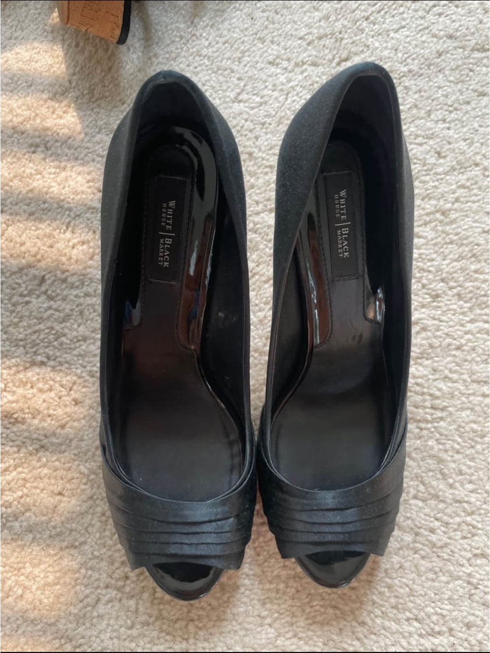 White House Black Market Black Peep-Toe Heels with Pleated Toe